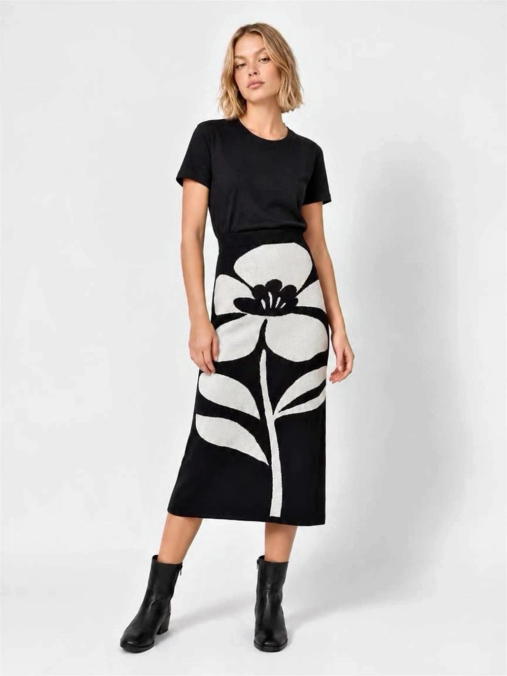 OXKNIT Floral Midi Skirt in Black & White NWT